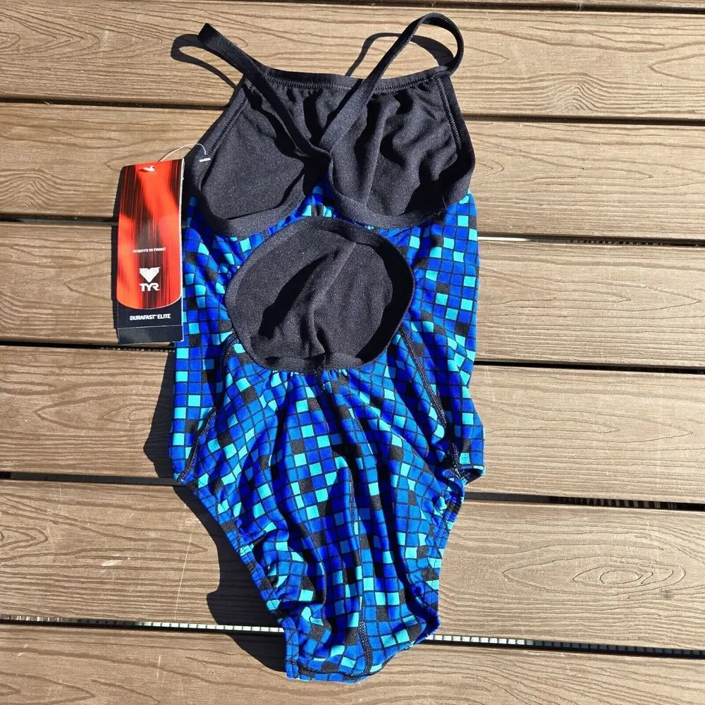 TYR Durafast Elite Team Check  Swimsuit Diamondf Blue Youth Girl Sz 26 New